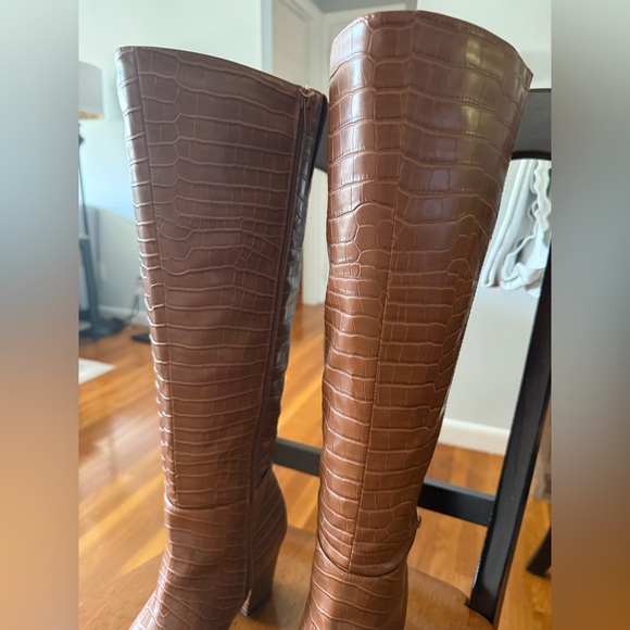 Brown Croc-Embossed Knee-High Boots - Picture 3 of 10